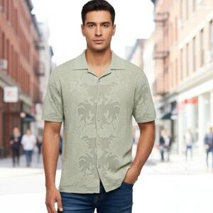 Zara Men’s Short-Sleeve Floral Embroidered Knit Shirt - Sage Green | XS-S New